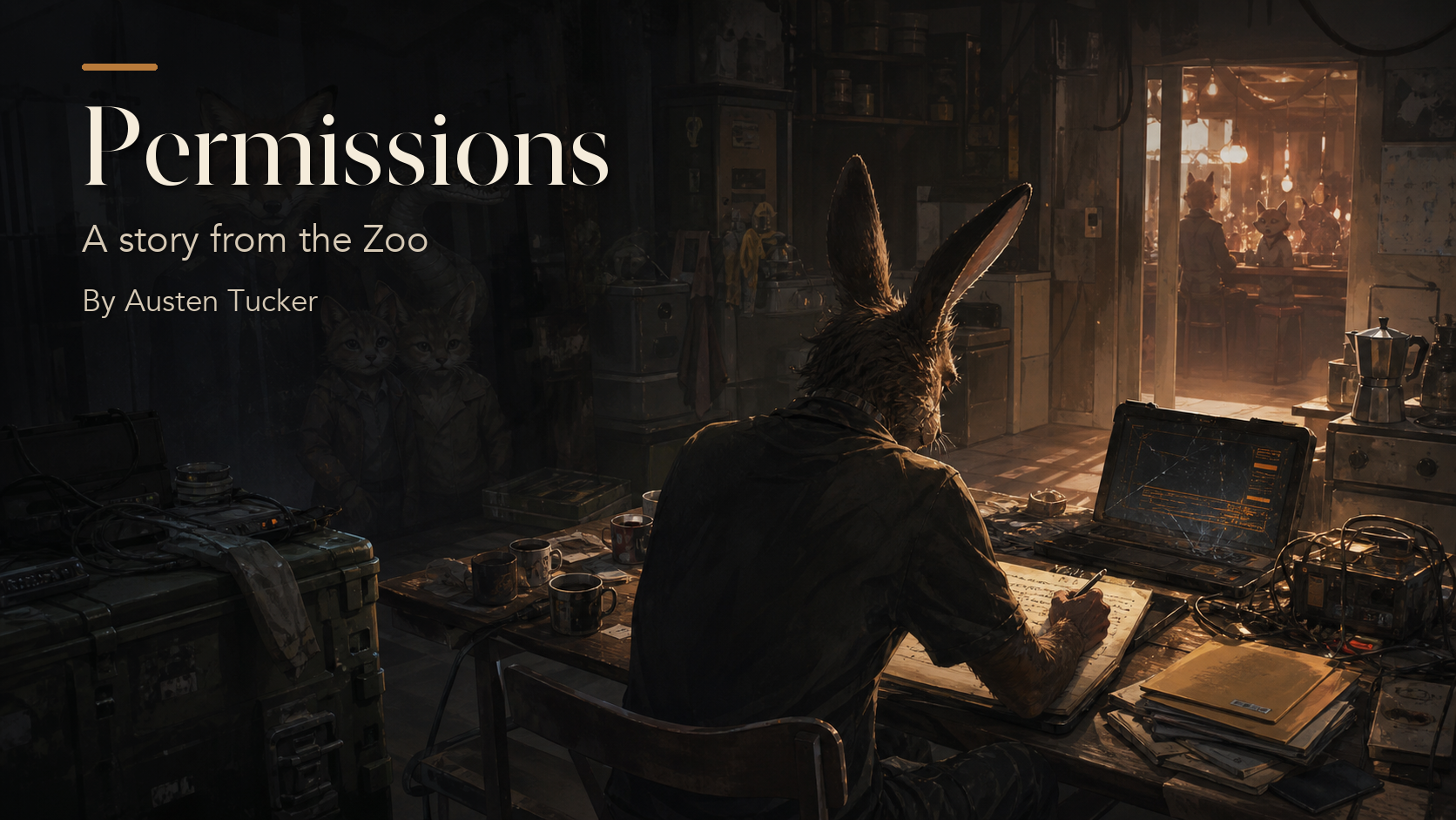 Permissions title card showing a rabbit at a cluttered laptop desk in a dim workshop.