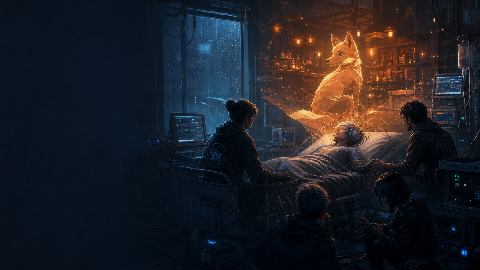 People gather around a patient in a dark, high-tech room as a glowing orange fox appears above the bed.