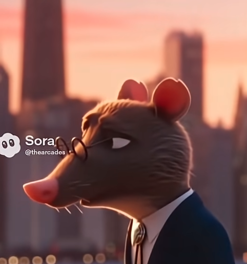 A suited anthropomorphic rat stands in profile against a sunset city skyline.