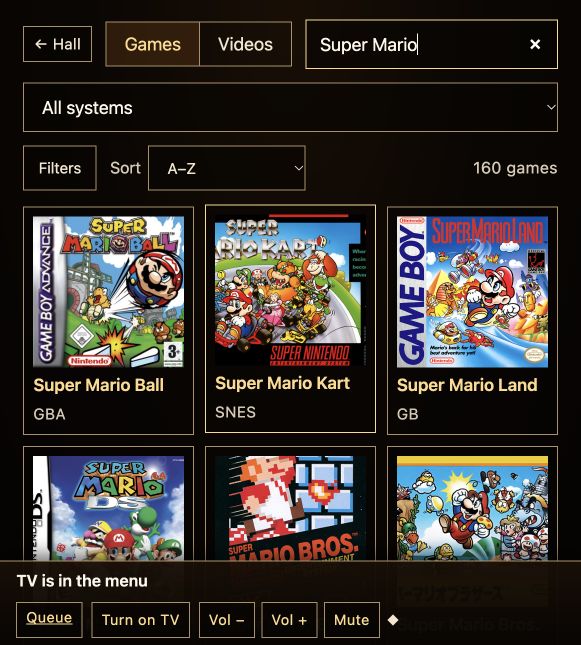 RetroMachine’s Games catalog filtered for Super Mario, showing readable game cards, system labels, search, and TV controls.