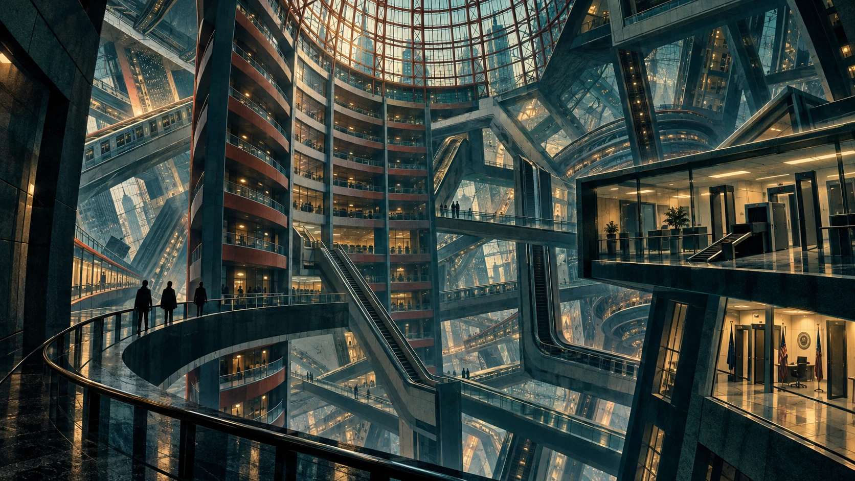 A circular civic atrium folds into impossible balconies, escalators, office corridors and an airport-like security checkpoint. Municipal bureaucracy and other realities overlap.