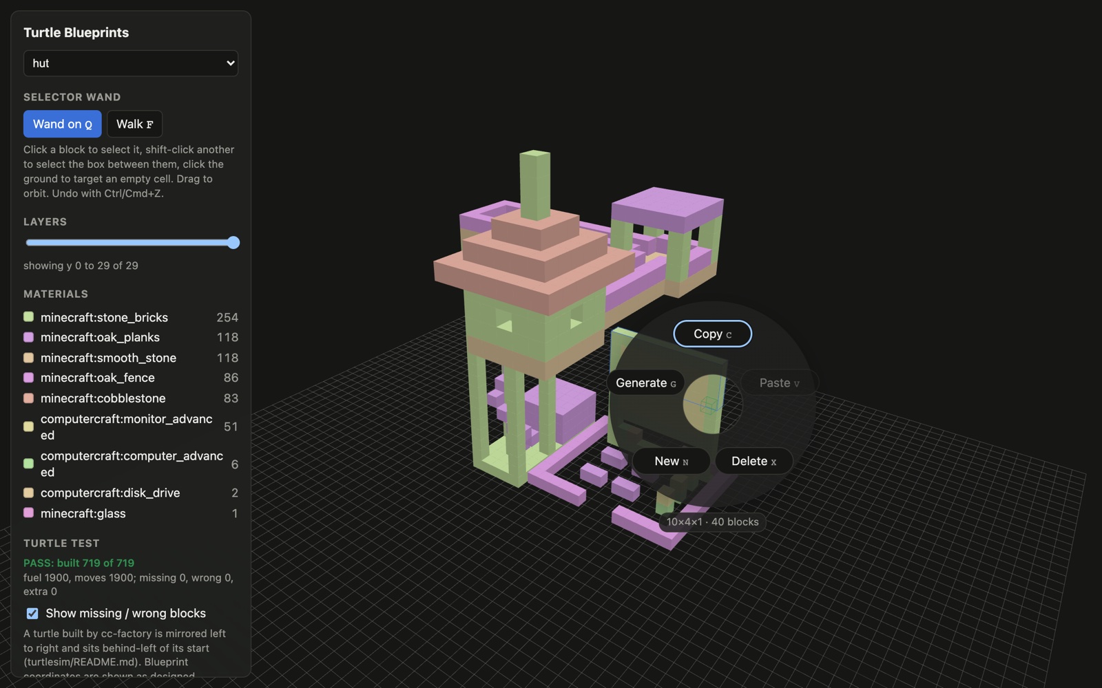 Turtle Blueprints 3D structure with selected blocks and editing wheel