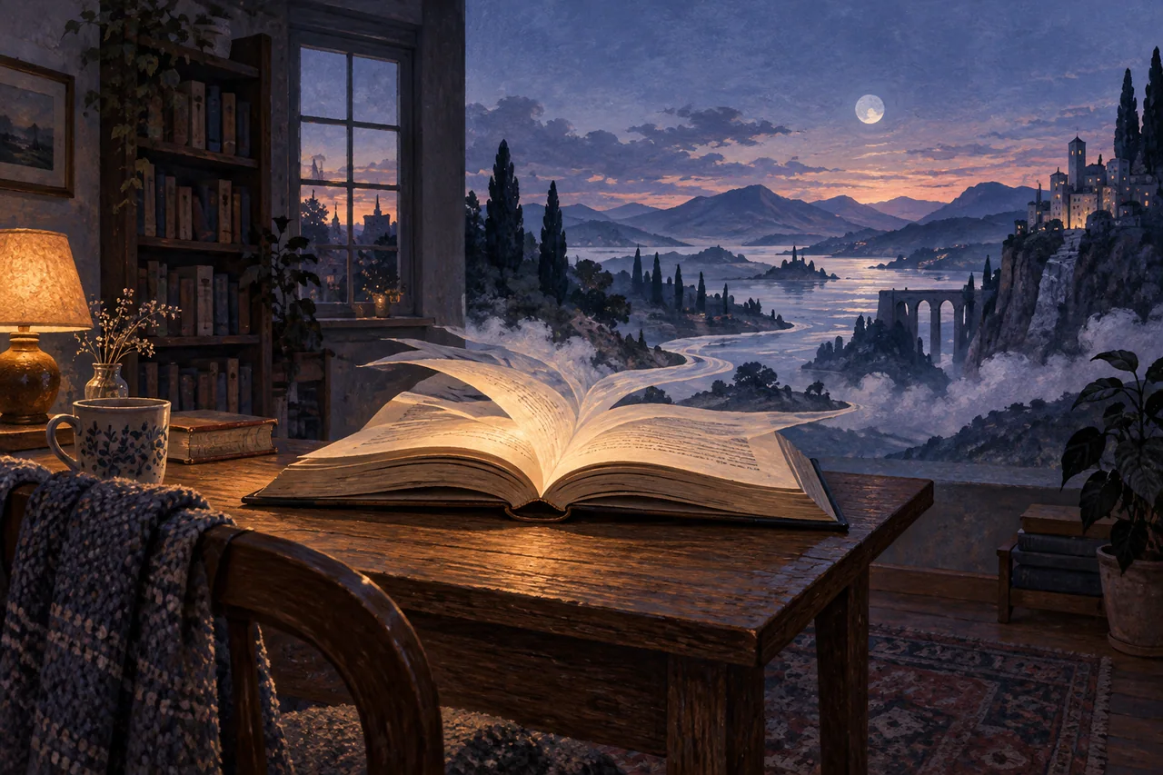 An open book on a desk leads from a lamplit reading room into a moonlit landscape.
