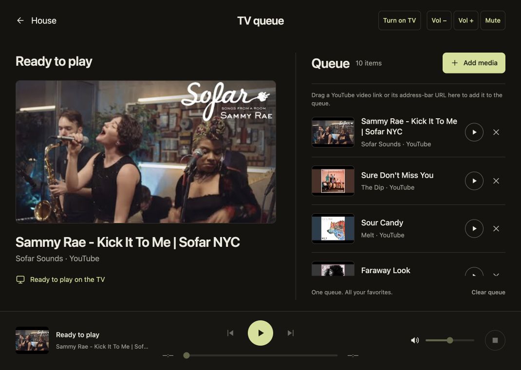 RetroMachine’s TV queue shows a Turn on TV button, ten queued songs, and a Ready to play status.