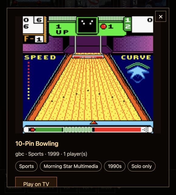 The 10-Pin Bowling detail panel shows catalog artwork, genre and player tags, and a Play on TV button.