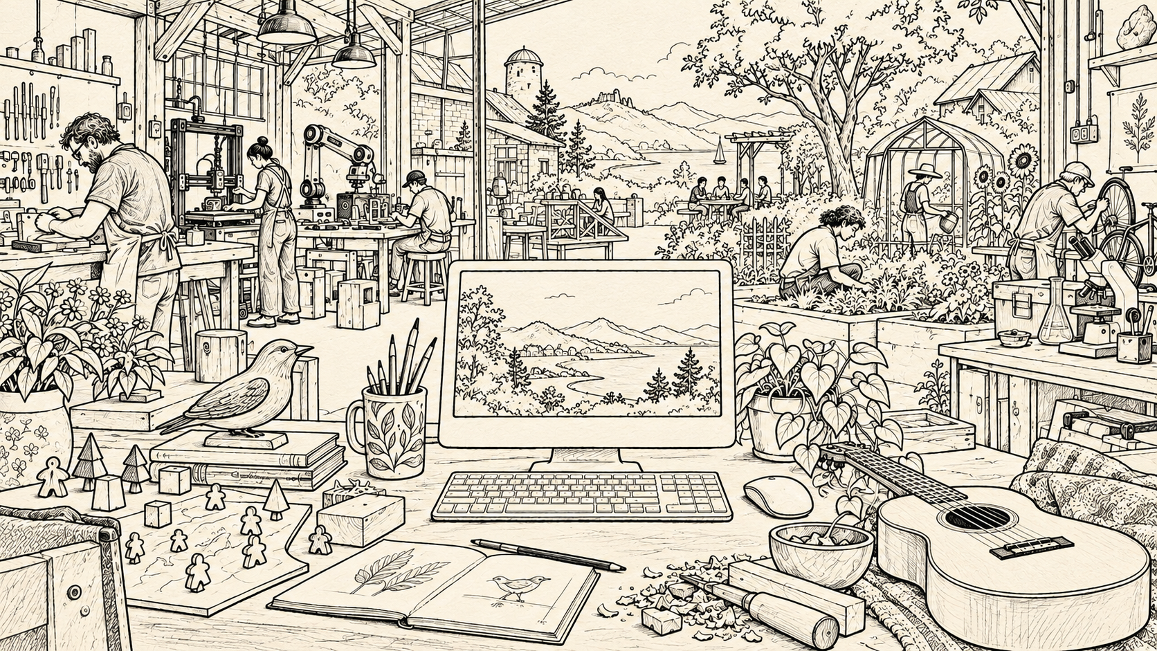 The same desk, computer, bird, game pieces, guitar, workshop, and garden drawn in dark ink, with added crosshatching, tool details, and plant shapes.