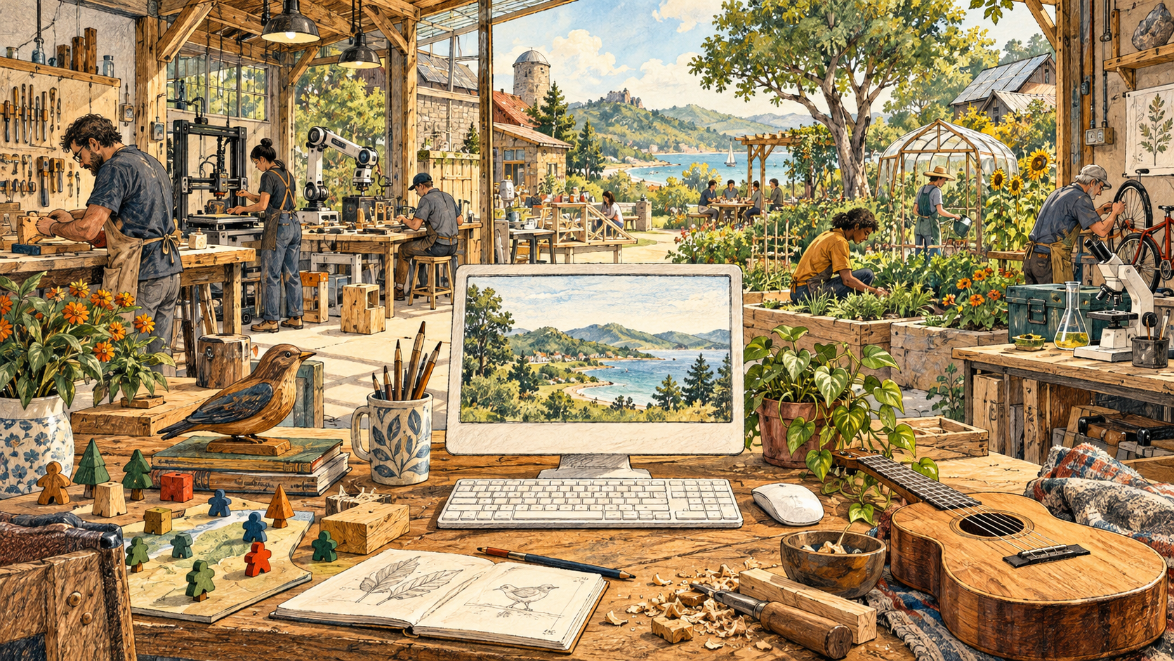 The same scene finished in layered color and texture: a computer, carved bird, game pieces, and guitar on a desk, with people making, repairing, and gardening behind it.