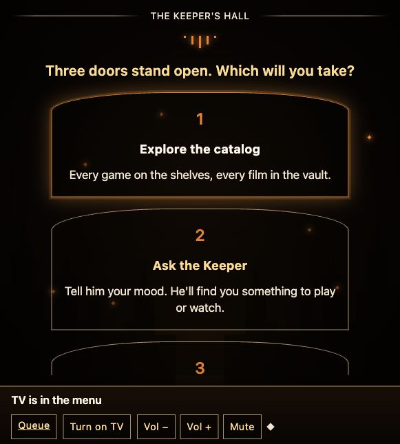 The Keeper’s Hall, with large catalog and recommendation choices above persistent TV controls.