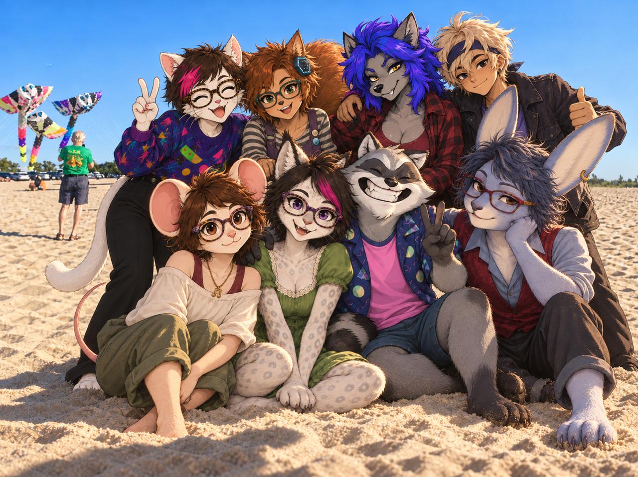 Nine cartoon animal characters posed together on a sunny beach, kites flying behind them. Four sit in front — a mouse, a cat, a grinning raccoon, and a rabbit in a red vest — and five stand behind, including a cat in a bright patterned sweater, a squirrel in overalls, a blue-haired wolf, and a blond figure in a denim jacket. Most wear glasses. Several flash peace signs.