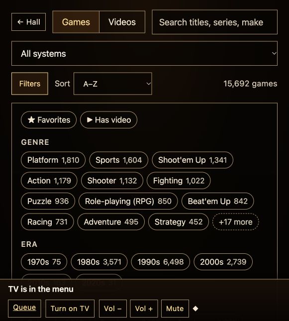 RetroMachine’s filter panel shows labeled buttons for favorites, video availability, game genres, and eras.