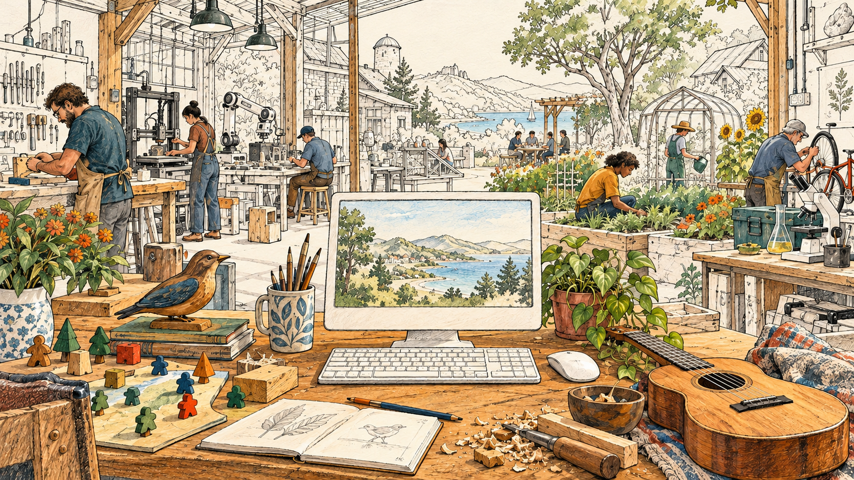 The same workshop-and-garden composition with colored foreground objects and people, while much of the roof, walls, and distant landscape remains unpainted linework.
