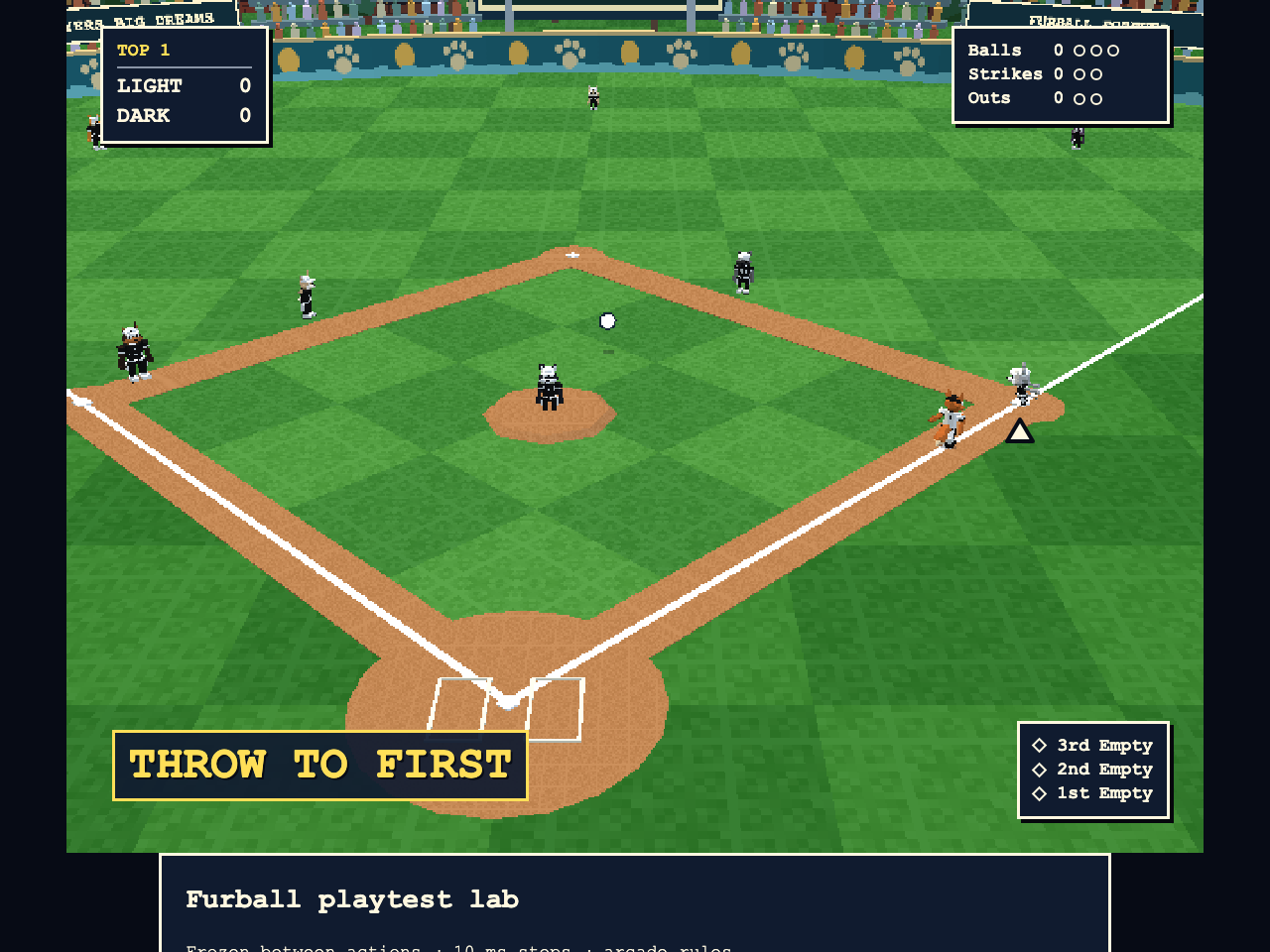 Furball baseball ground throw in playtest lab