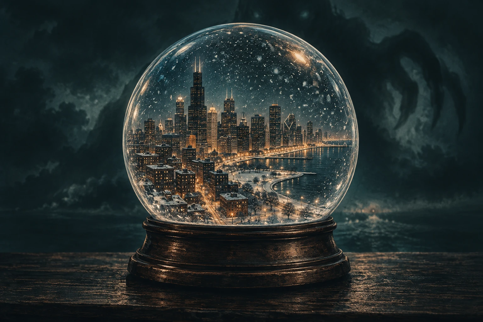 Chicago’s illuminated skyline sealed inside a glass snow globe on a wooden base. The city is a living possession of someone outside its reality.