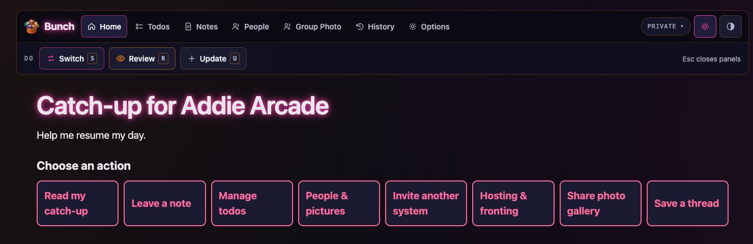 Bunch’s catch-up screen for Addie Arcade, with “Help me resume my day” and its main action buttons.