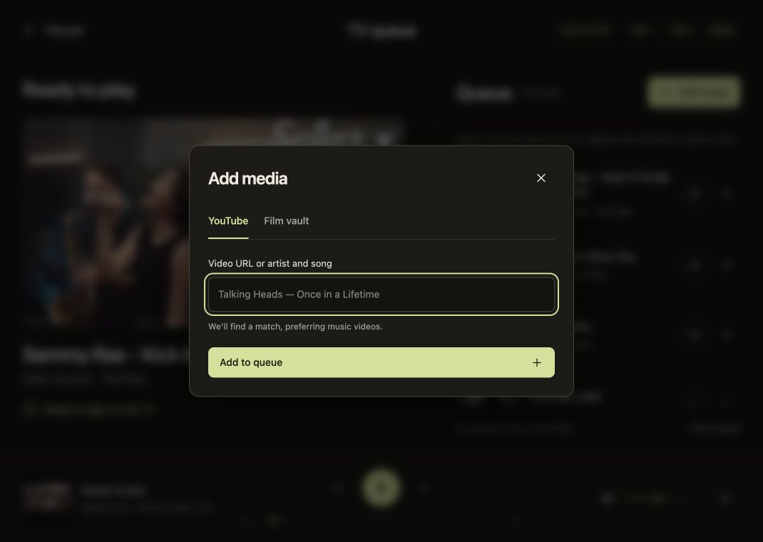 The Add media dialog offers YouTube and Film vault tabs and a labeled field for a video URL or artist and song.