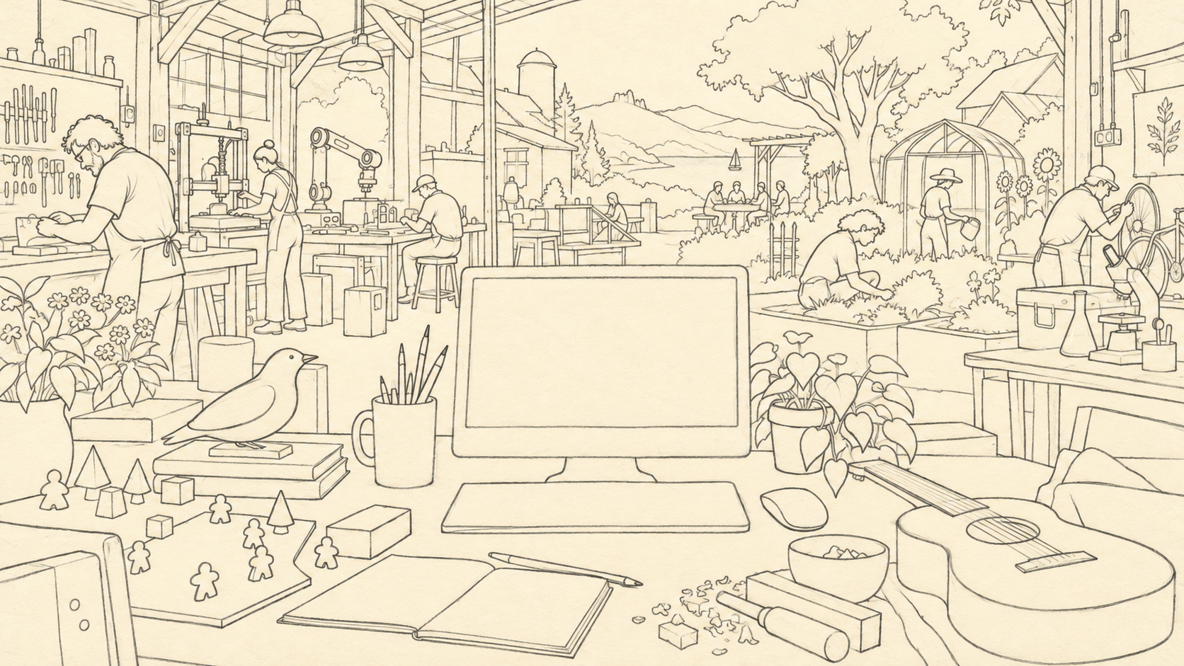 Simple pencil outlines of a desk with a central computer, a carved bird and game pieces at left, and a guitar at right; behind it, people work in a workshop and garden.
