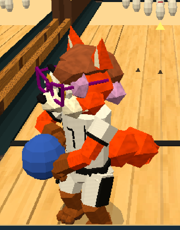 Moxie holding a bowling ball in the playable 3D scene