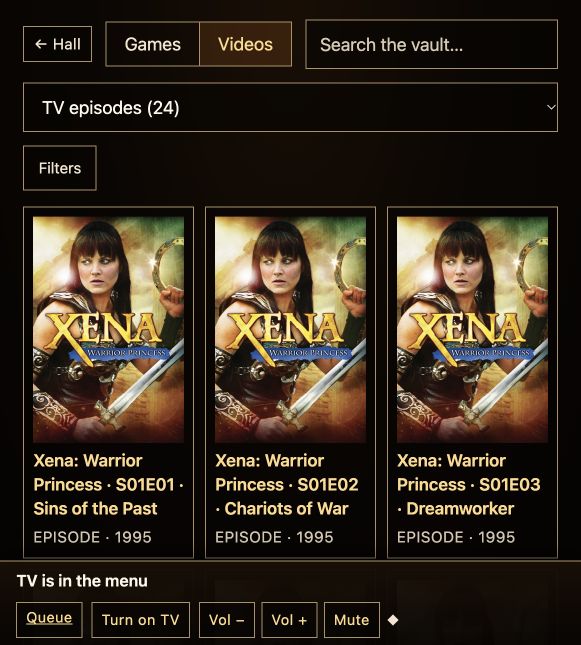 RetroMachine’s Videos catalog shows Xena episodes with cover art, episode titles, year labels, and a TV-episode filter.