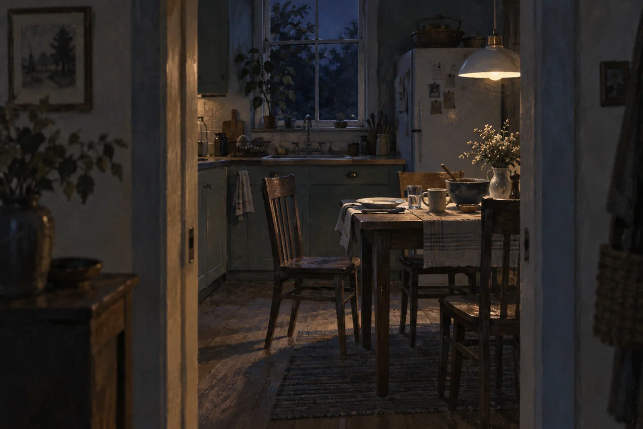 An empty chair beside a set table in a quiet kitchen at night.