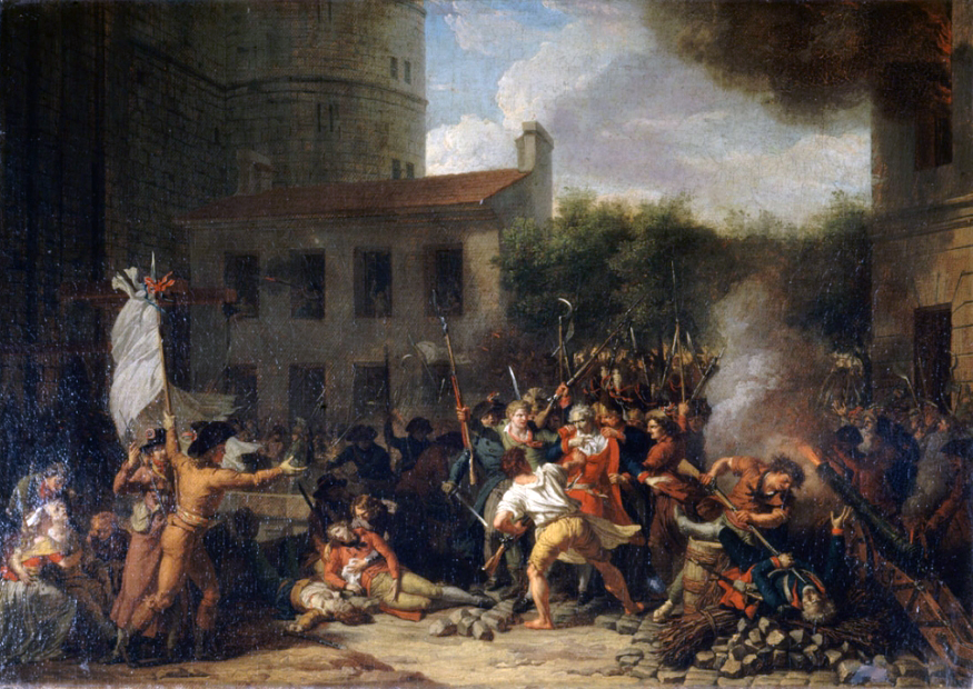 "A chaotic crowd storms the Bastille, weapons and smoke rising over the stone walls of the fortress." By Charles Thévenin — Carnavalet, Public Domain. https://commons.wikimedia.org/w/index.php?curid=1321984