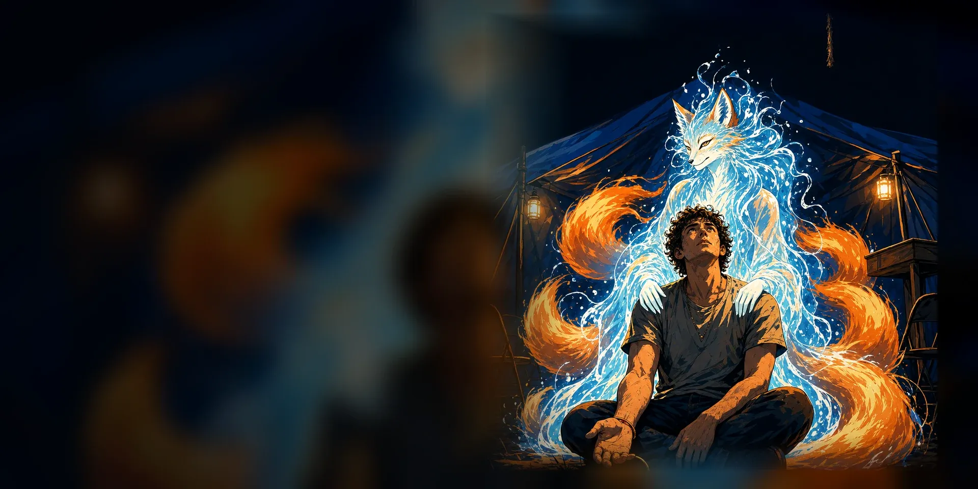 Cel-shaded website hero art for Parts of the Whole, showing a luminous kitsune guardian protecting a young man in a revival tent.