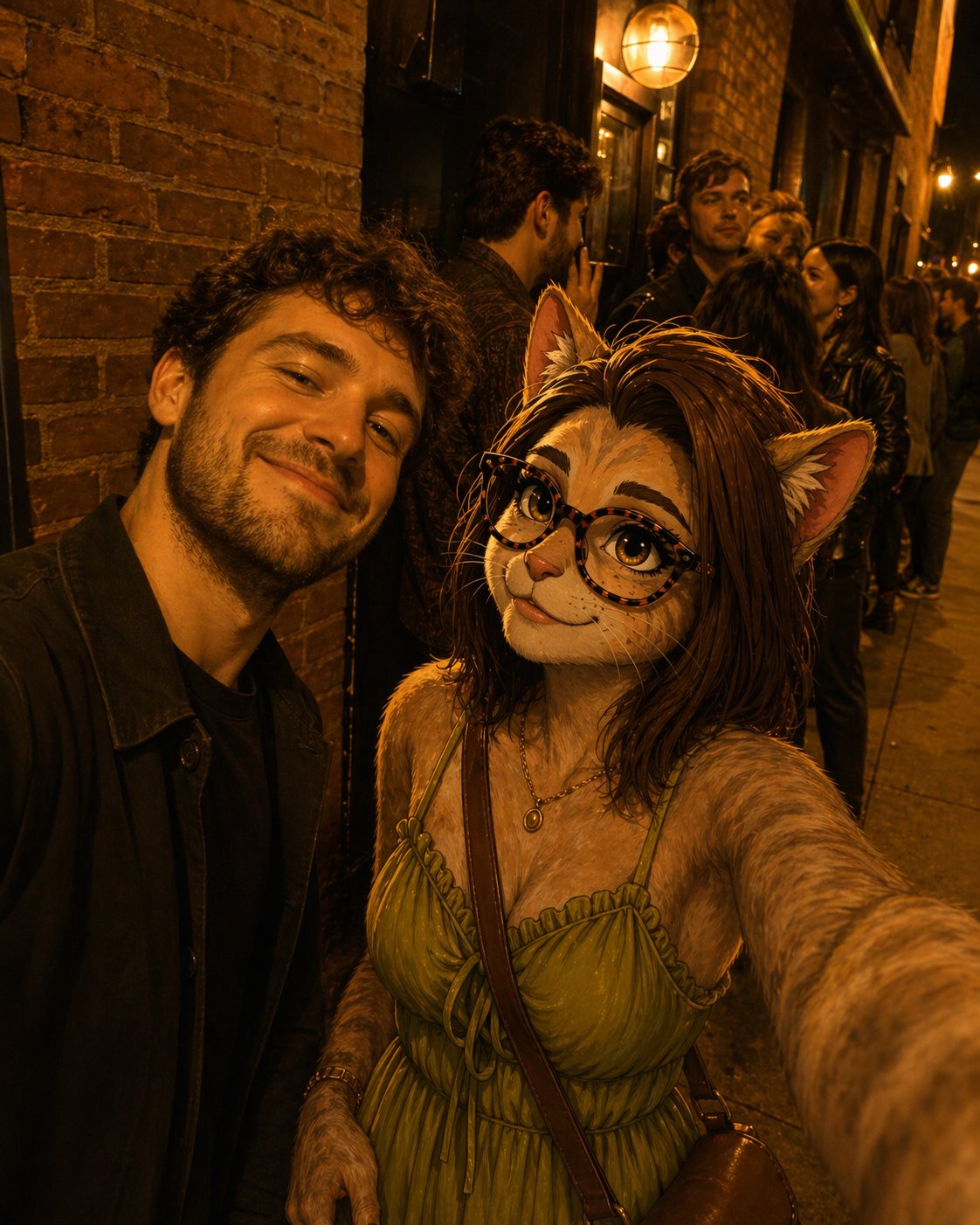 A smiling man poses beside a glasses-wearing feline woman in a green dress outside a crowded venue.