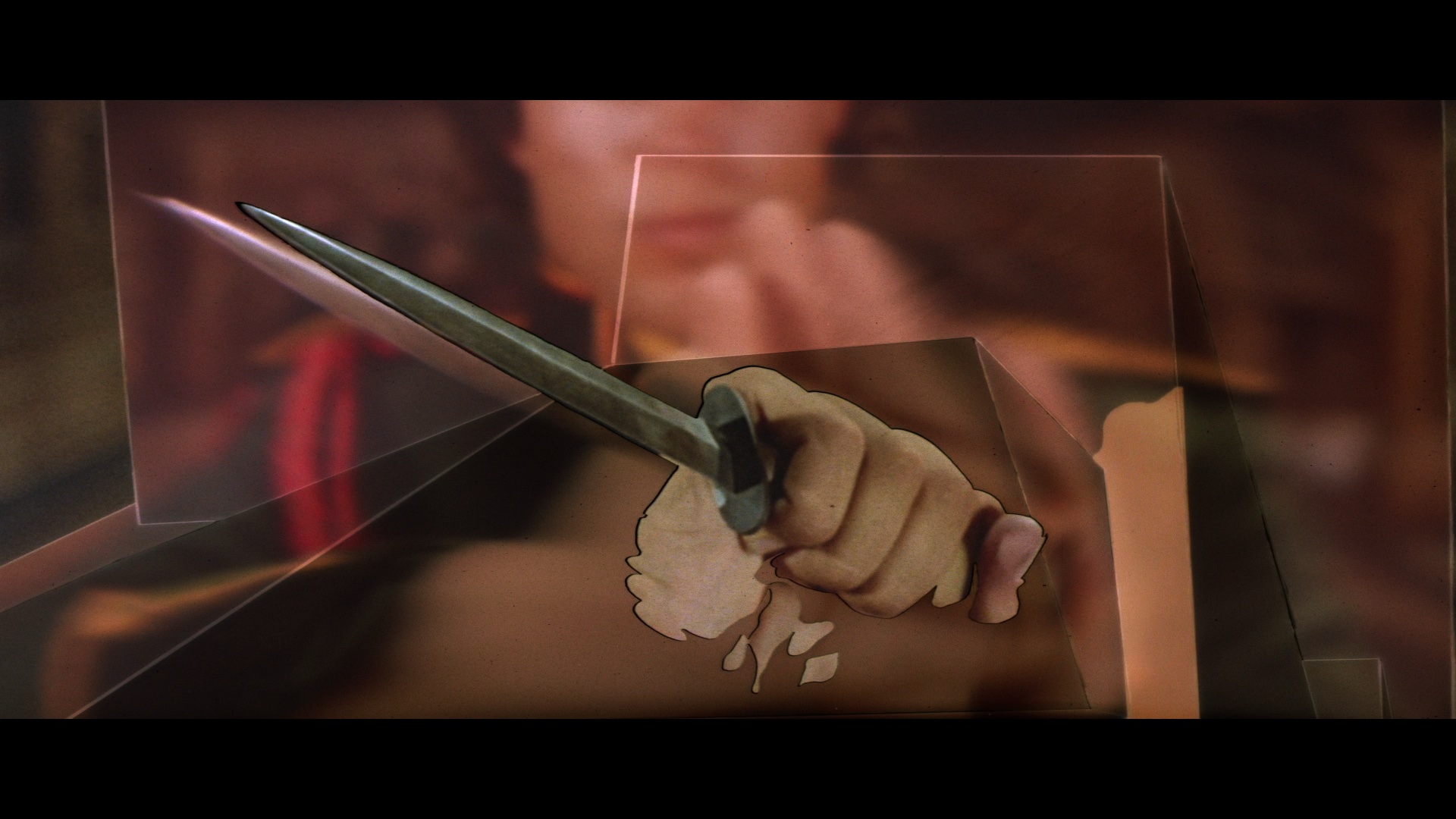 A stylized hand grips a long blade among translucent panels on a pink and brown background.