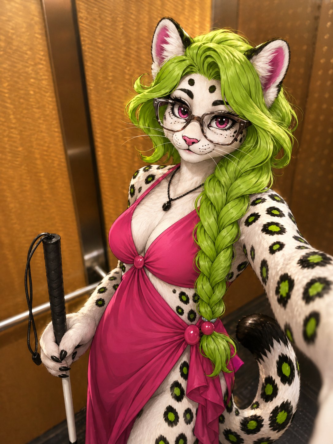 A white snow leopard woman with green hair and glasses holds a white cane in an elevator selfie.