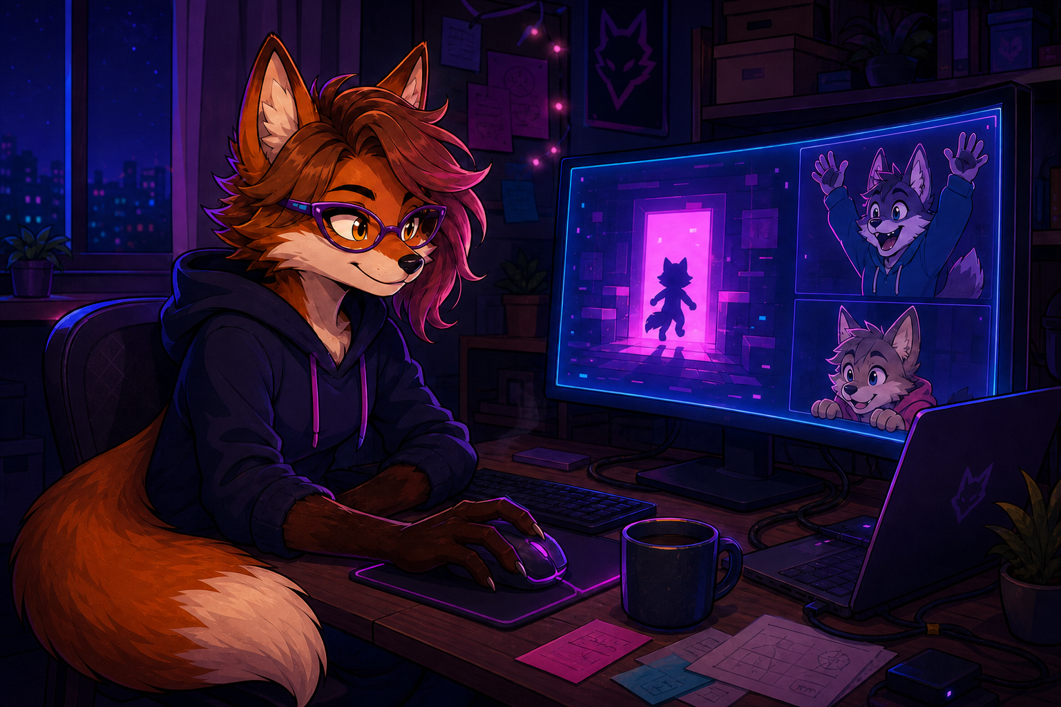 Moxie clicks her prototype into action while two remote teammates celebrate on a large monitor.