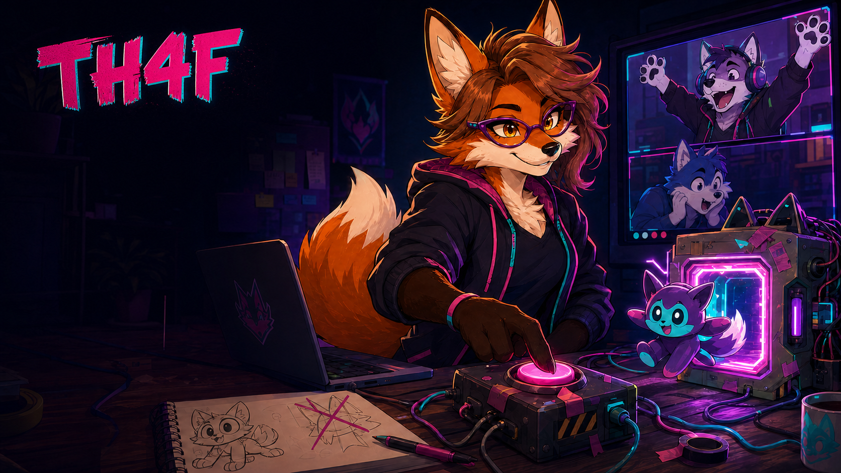 Moxie launches a playful furry prototype while two remote hack-weekend teammates celebrate on screen.