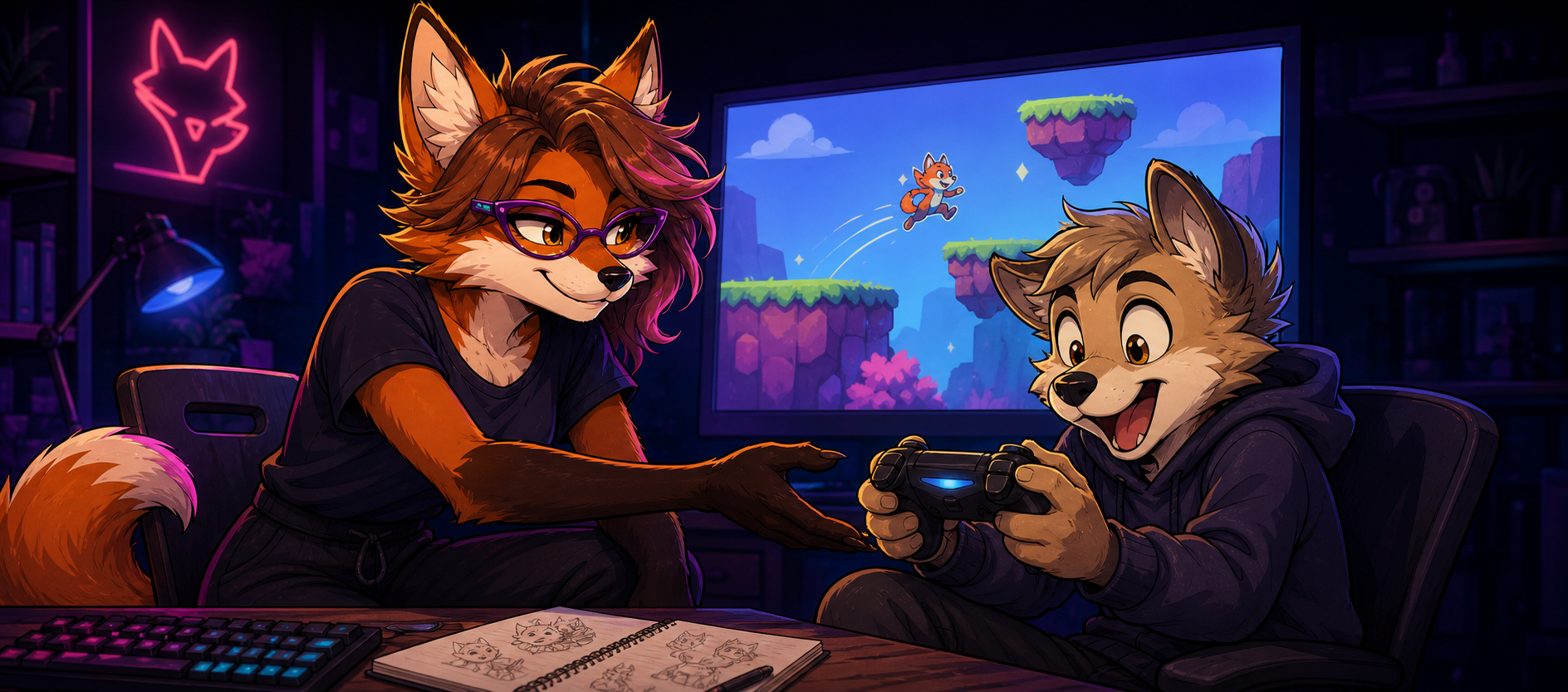 Moxie hands a game controller to a delighted collaborator as their fox character makes its first successful jump on screen.