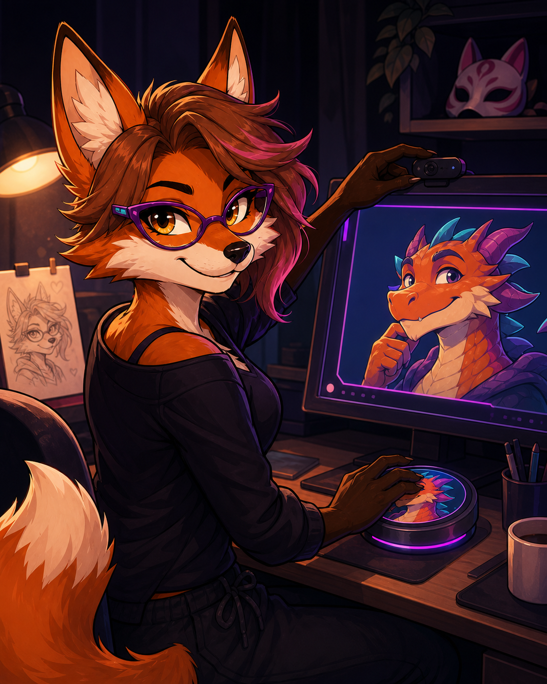 Moxie closes her webcam shutter while a friendly dragon avatar mirrors her knowing smile on screen.