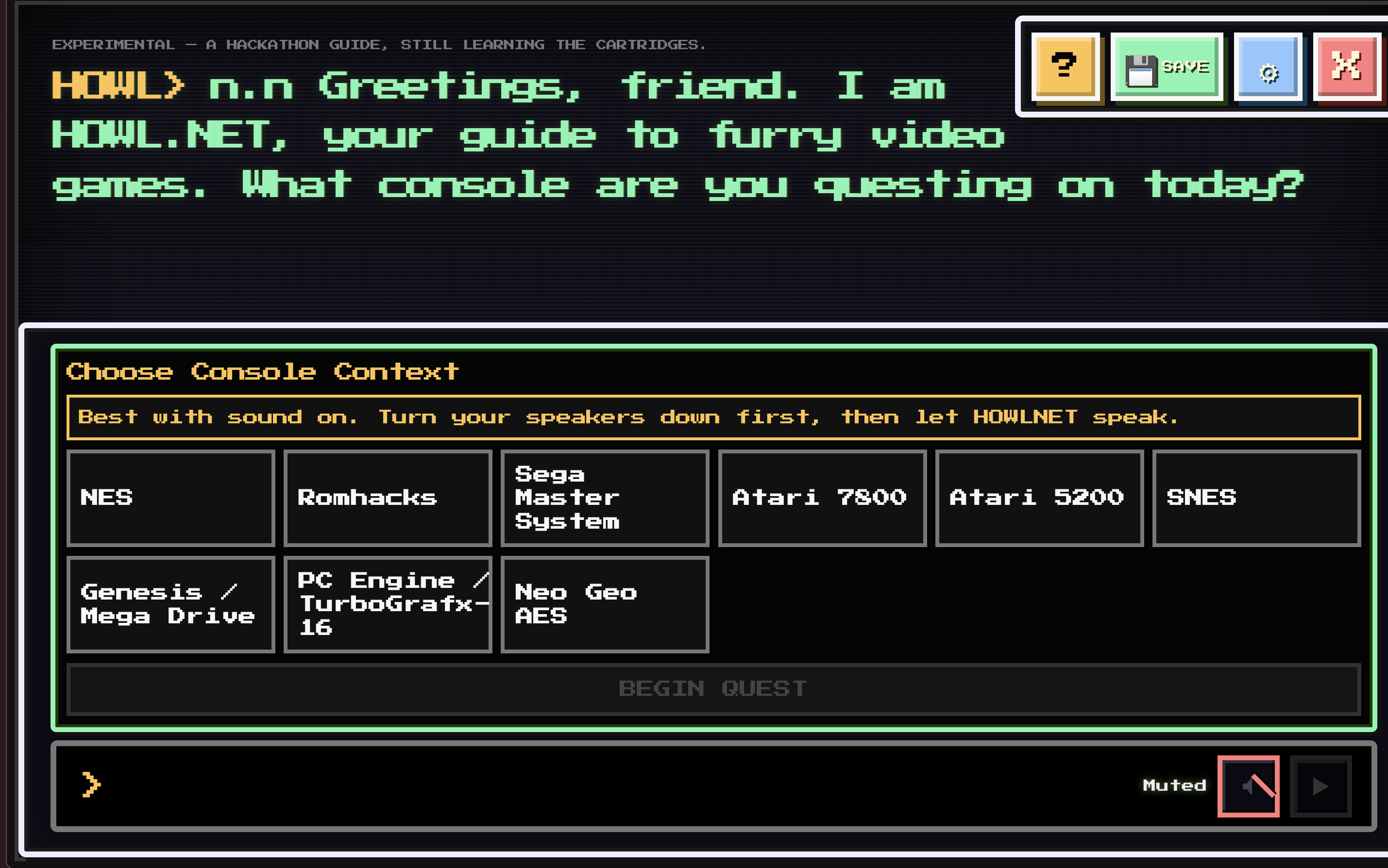 HOWL.net working in a retro terminal interface, recommending furry retro games.
